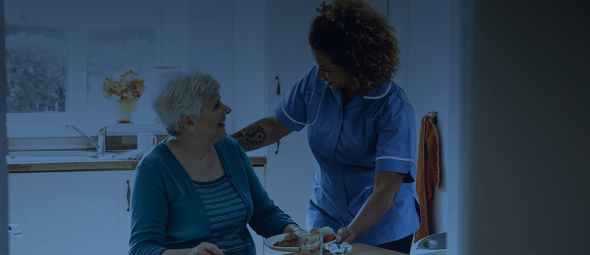 Care worker giving an old lady her dinner in her home.